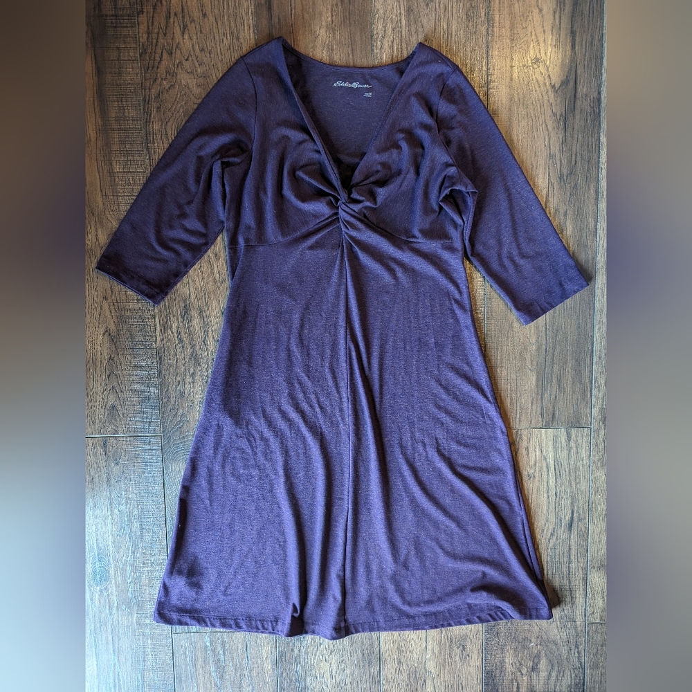 Eddie Bauer Eggplant Purple Knot Front Dress Womens Medium 1/2 Sleeve Wool Blend